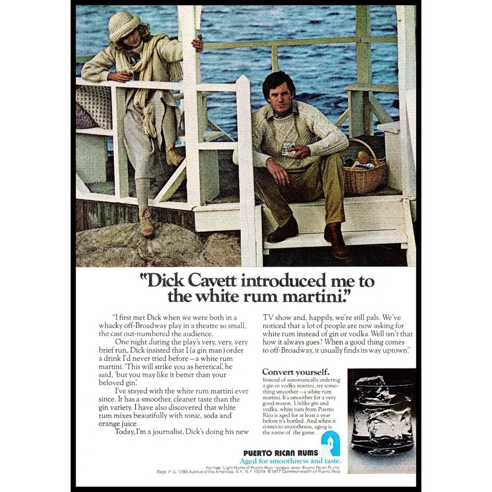 1978 Puerto Rican Rum Vintage Print Ad Couple Picnic Dock Cable Knit Sweater Art